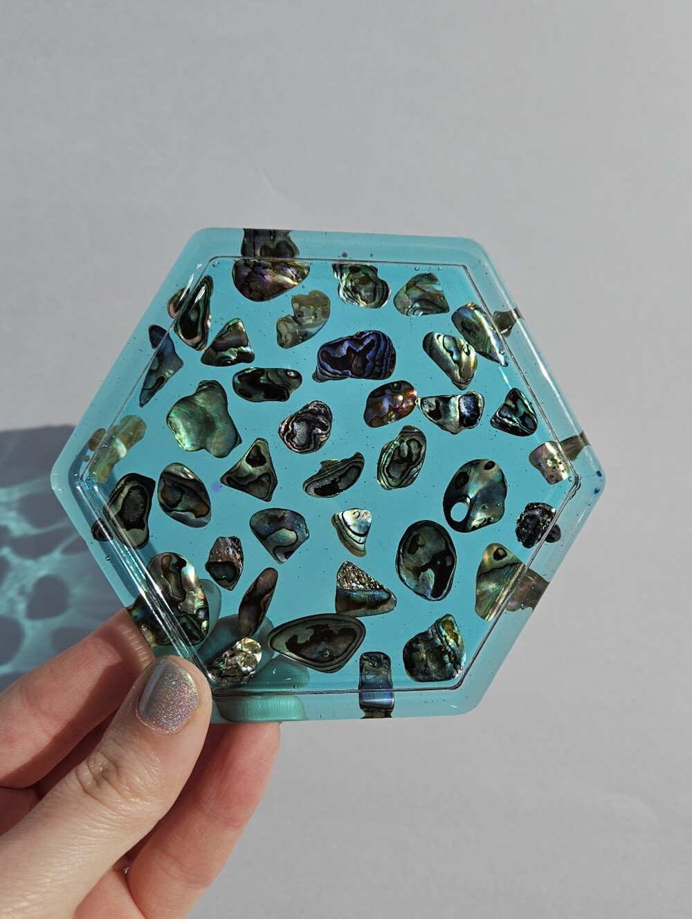 Handmade Small Blue Abalone Shell Hexagon Resin Tray Mermaid Vibes Beach Decor
